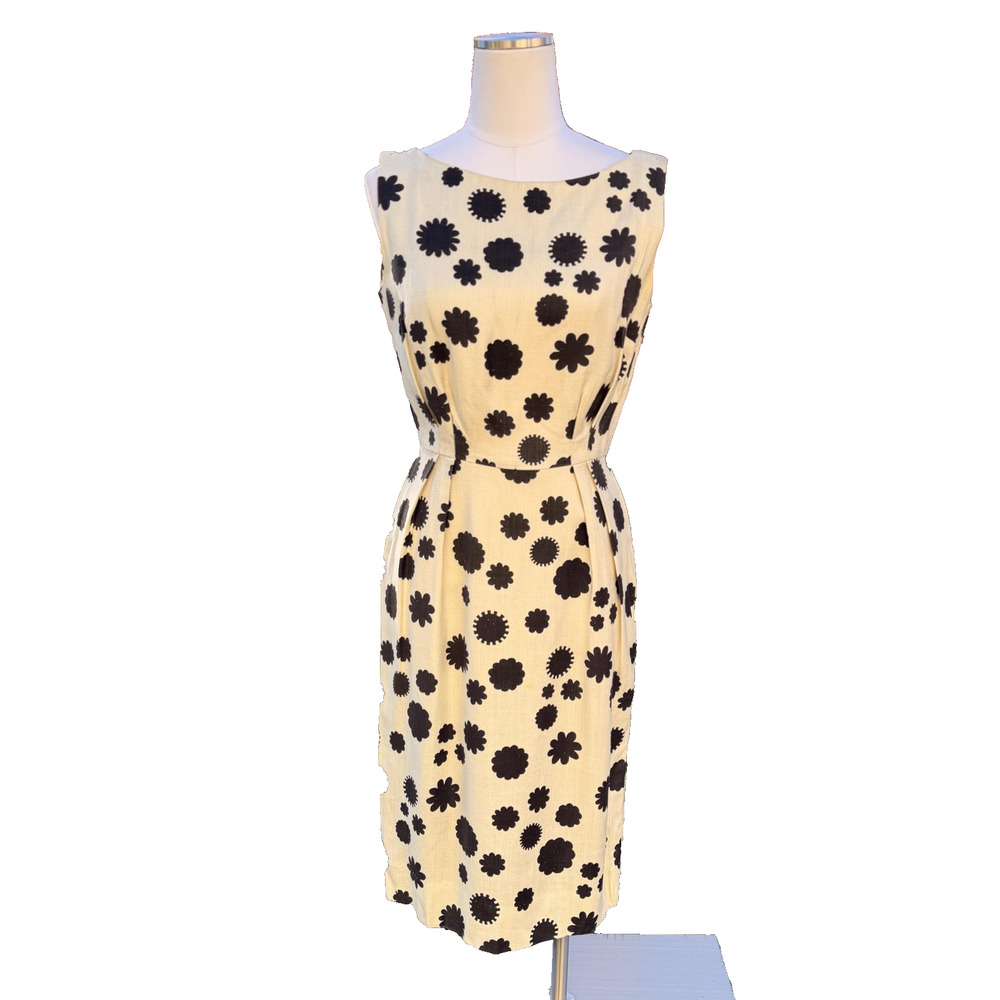 Vintage Jonny Herbert Dress Womens Medium White Black Floral Sheath Mod 60s